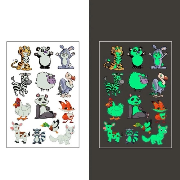 🐇 Adorable Glow In The Dark Cartoon Animals Sheet Of Temporary Tattoos 🐅 - Picture 1 of 5